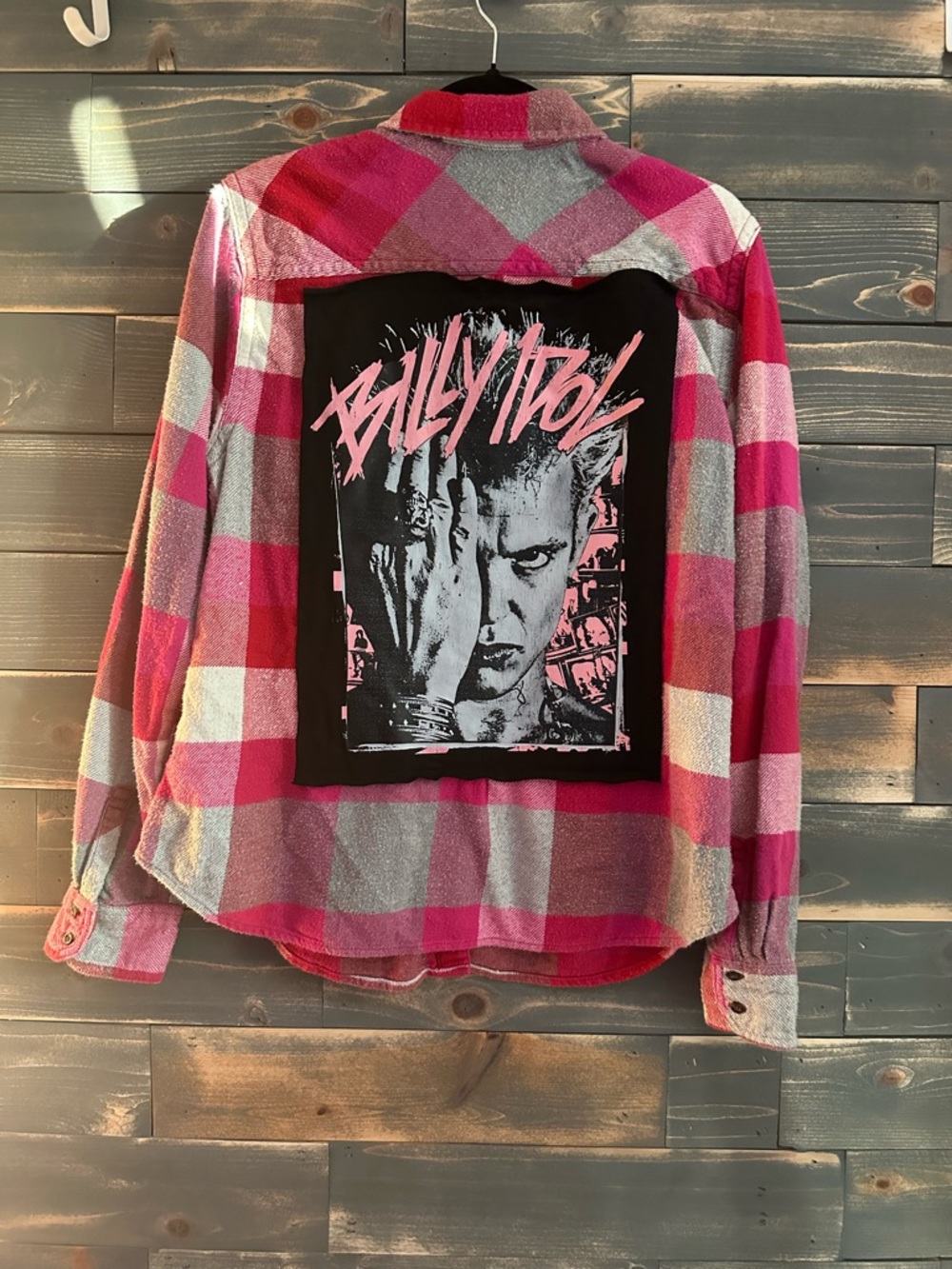 Upcycled American Eagle Pink & Gray Plaid Flannel Shirt with Billy Idol Patch